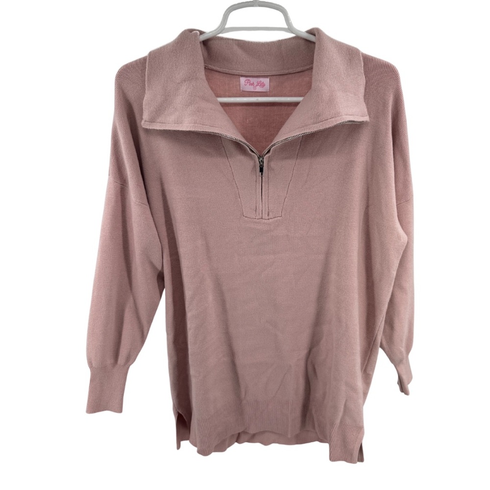 Pink Lily Blush Knit Pullover 1/4 zip S soft cozy casual pastel girly